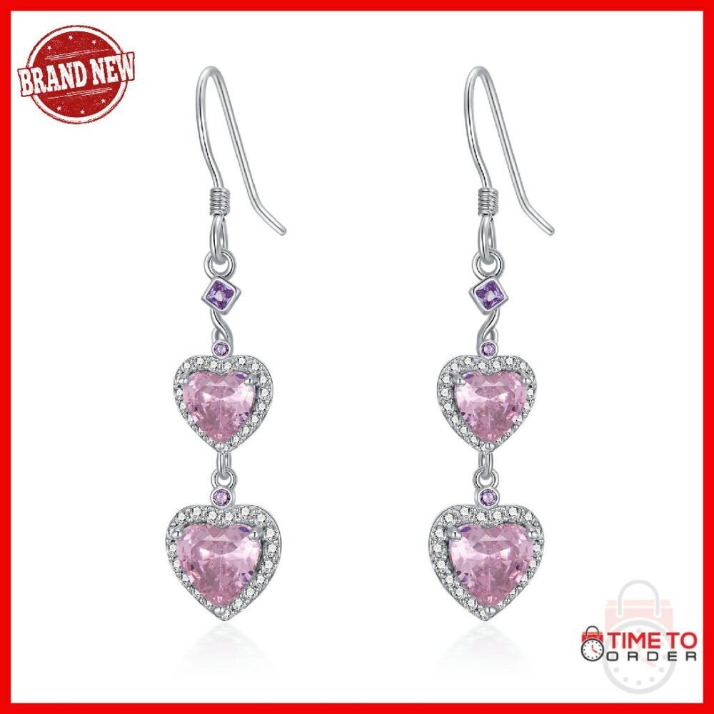 Sterling Silver Heart Drop Earrings with Gemstones - Gift Jewelry
